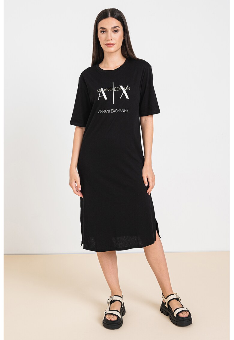 Rochie-tricou cu imprimeu logo si slituri laterale - Negru