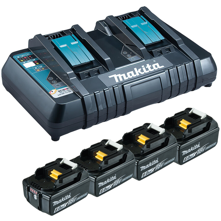 Kit Power Source 199485-6 4 Acumulatori BL1860B 18V 6.0Ah si Incarcator Dublu DC18RD Negru