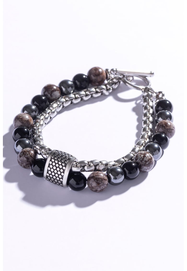 Bratara cu siraguri duble si decorata cu obsidian si hematite - Negru/Maro/Gri