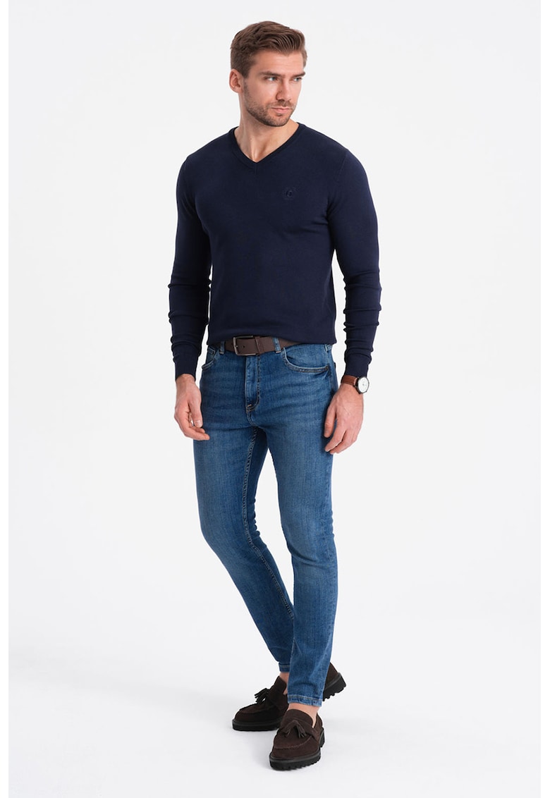 Pulover slim fit cu decolteu in V - Bleumarin