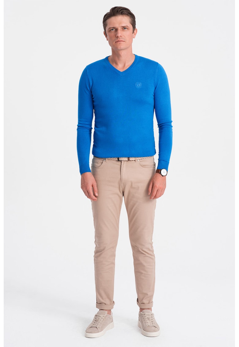 Pulover slim fit cu decolteu in V - Albastru royal