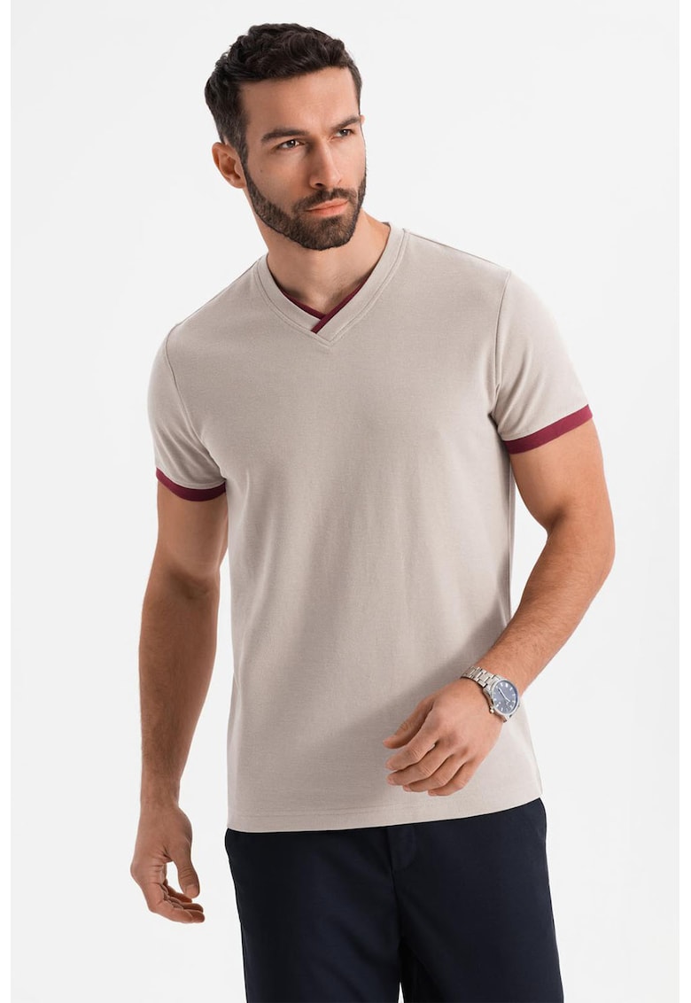 Tricou din bumbac cu decolteu in V - Maro taupe deschis