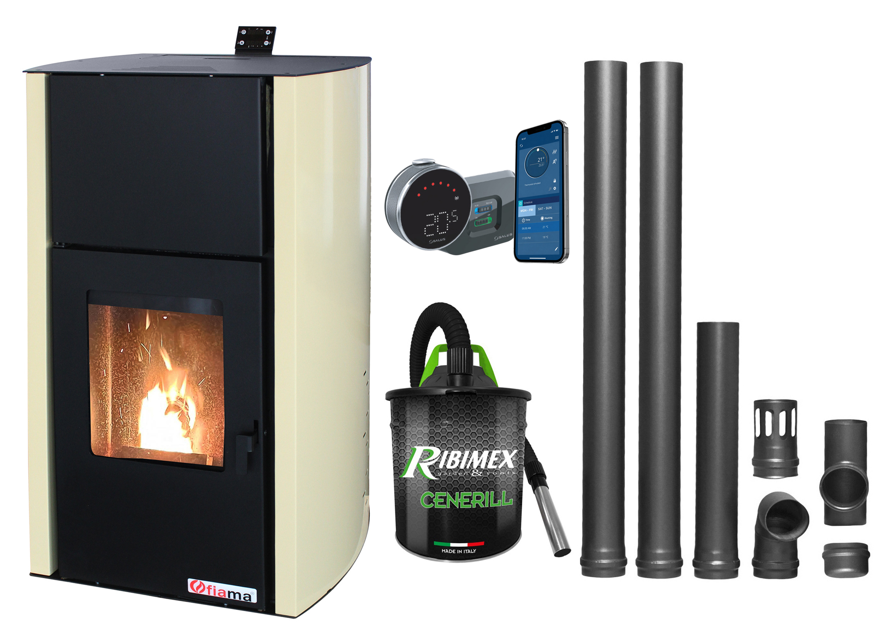 Pachet control de la distanta Termosemineu pe peleti Fornello Fiama Confort 30 kW cu pompa vas expansiune automatizare termostat aspirator kit evacuare 2.5 ml buncar 35 kg tiraj fortat culoare crem pana la 200 mp