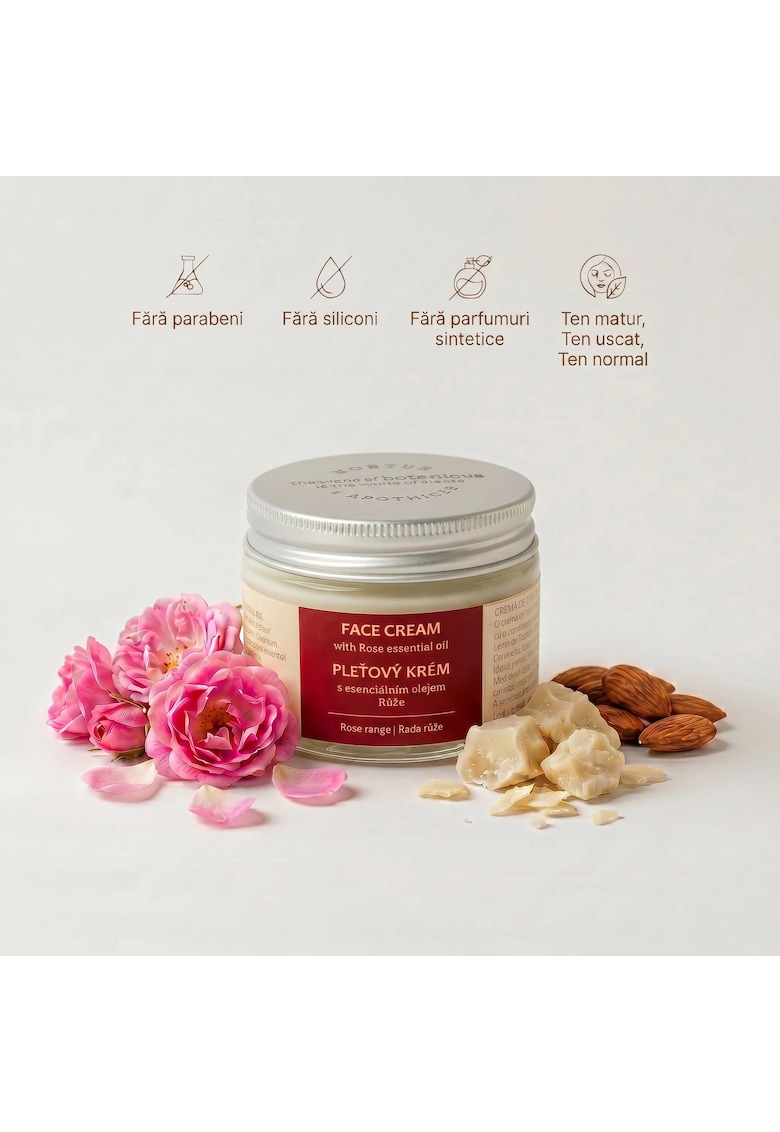 Crema de fata naturala cu ulei esential de Trandafir -  50g - fara parabeni si siliconi - hidratarea intensa a tenului uscat - sensibil sau matur - textura usoara - absorbtie rapida