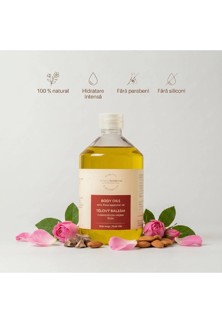 Ulei de corp cu ulei esential de Trandafir  100 % natural - 500 ml - hidratare intensa pentru pielea uscata si normala - textura lejera si absorbtie rapida - ideal pentru masaj
