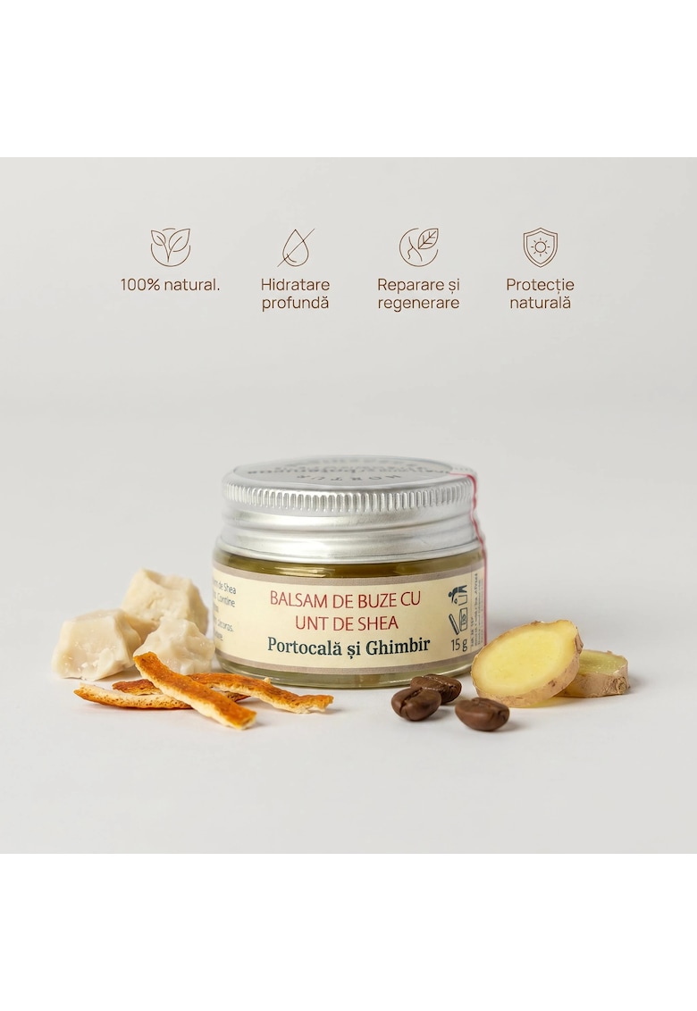 Balsam de buze cu unt de Shea - Portocala si Ghimbir  100 % natural - pentru buze uscate si crapate - hidratare si hranire profunda - formulat din unturi - uleiuri si extracte botanice