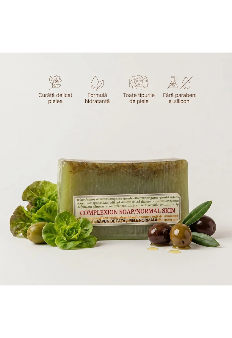 Sapun natural de fata cu Ulei de Masline - 150 g - fara parabeni si siliconi - pentru ten normal - cu Salata Verde si ulei de Masline - ofera o curatare delicata si hidratare intensa