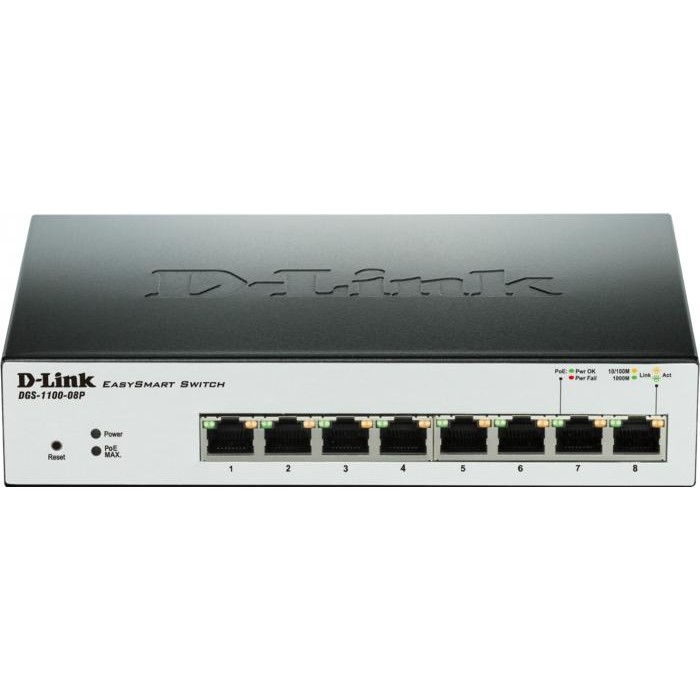 D-Link, Switch Desktop / Rack mount 8 porturi 10/100/1000, EasySmart, Web Management, Fanless, PoE,