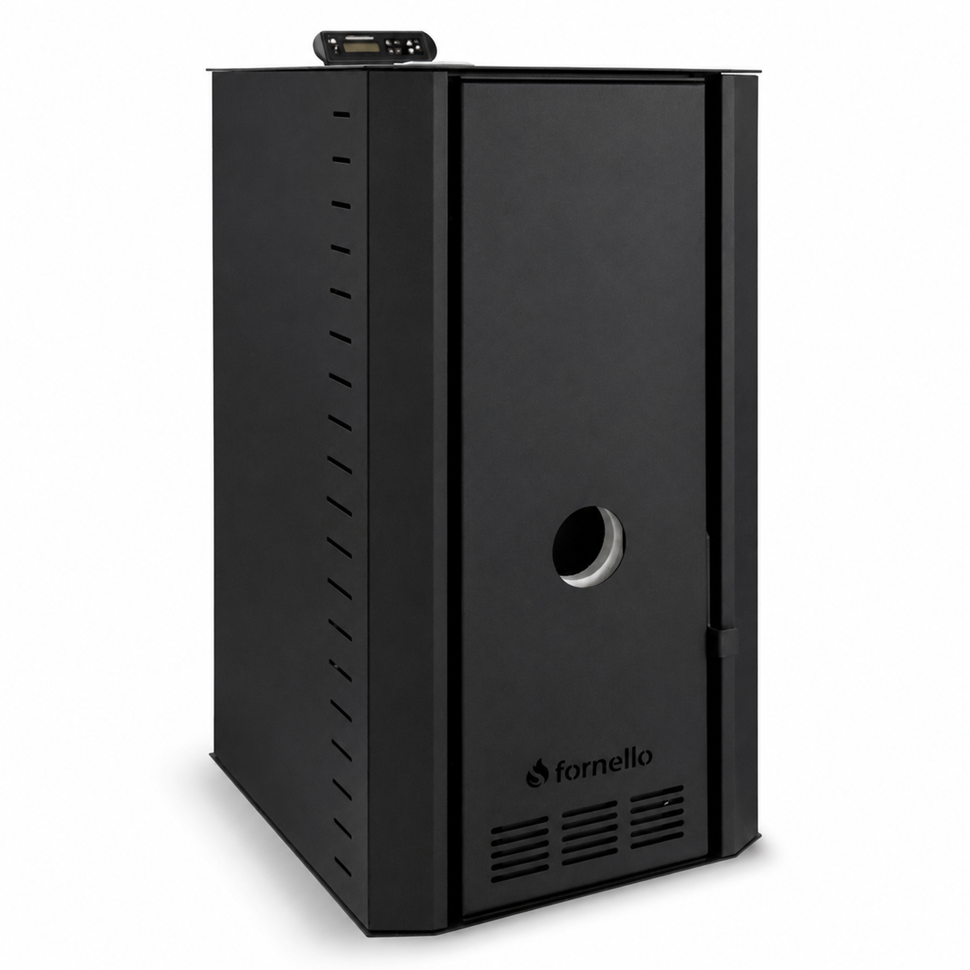 Pachet cazan pe peleti Fornello SERENA B 25 kw complet echipat cu pompa vas expansiune supapa siguranta telecomanda WI-Fi inclus arzator fonta radiatoare otel boiler termostat aspirator fitinguri kit evacuare 3.5 ml pana la 150 mp