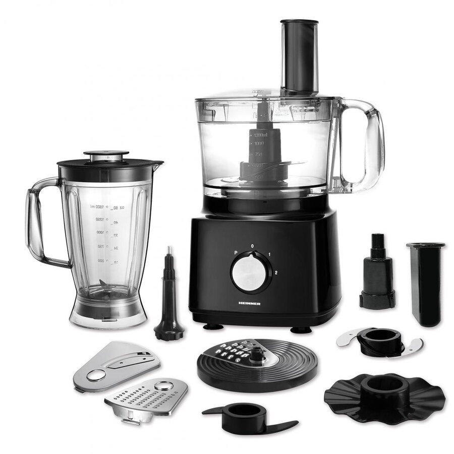 Robot de bucatarie Heinner HFP-750BK, 750 W, Bol 1.2 l, Blender 1.8 L, Disc feliere, Maruntire, Negru