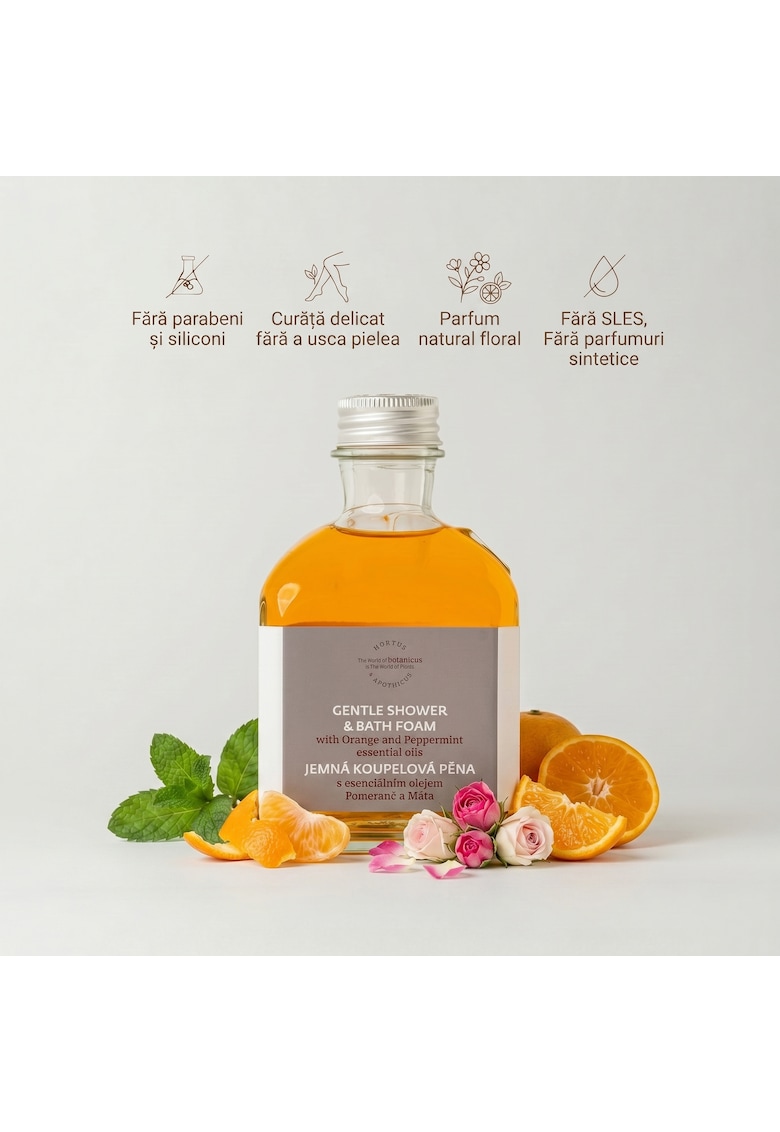 Spuma de dus si baie cu ulei esential de Portocala si Menta -  195 ml - nu contin SLS si SLES - parfumuri sintetice sau coloranti artificiali