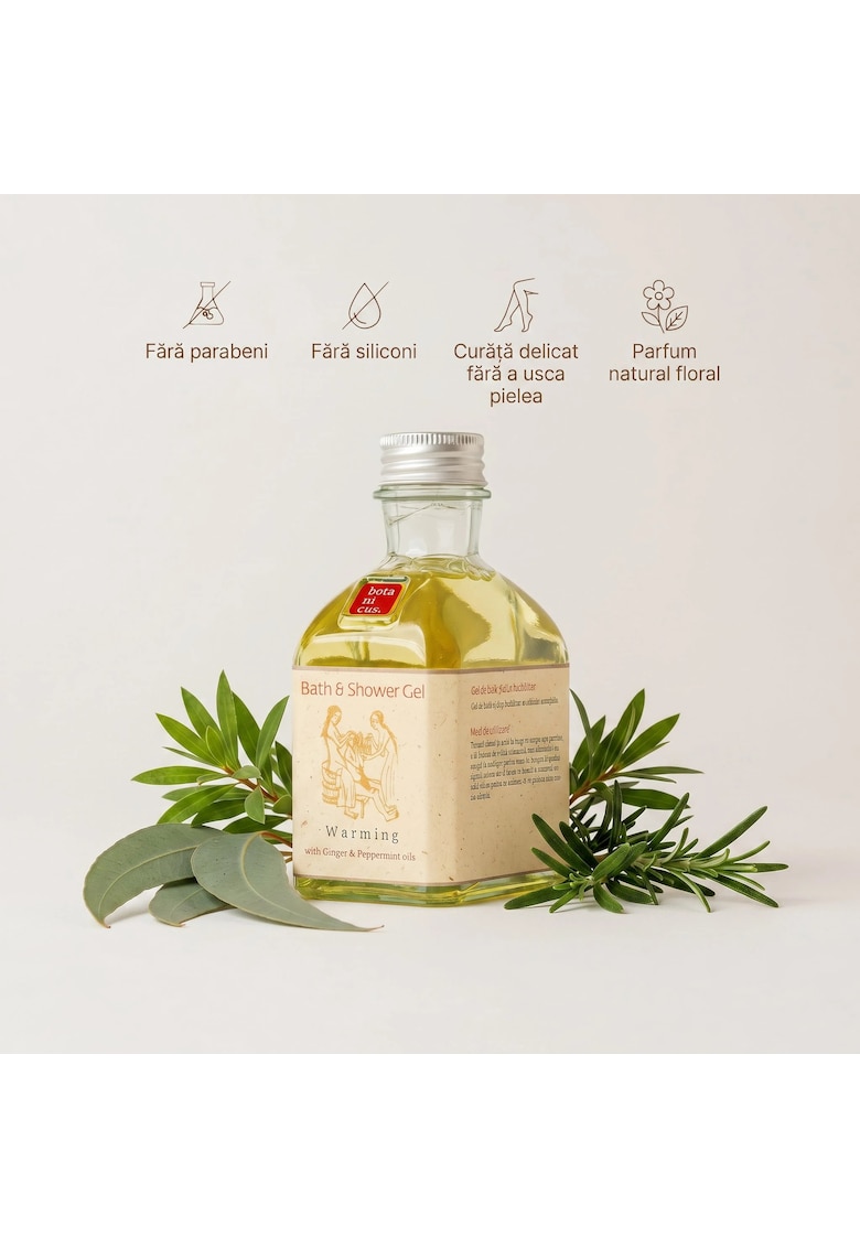Gel de dus Incalzitor  195 ml - formula cu ingrediente botanice - fara parabeni - siliconi - coloranti sau parfumuri sintetice - cu uleiuri esentiale de Ghimbir - Menta - Rozmarin - Ecualipt
