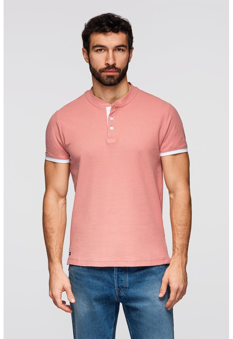 Tricou de bumbac cu fenta cu nasturi - Roz somon