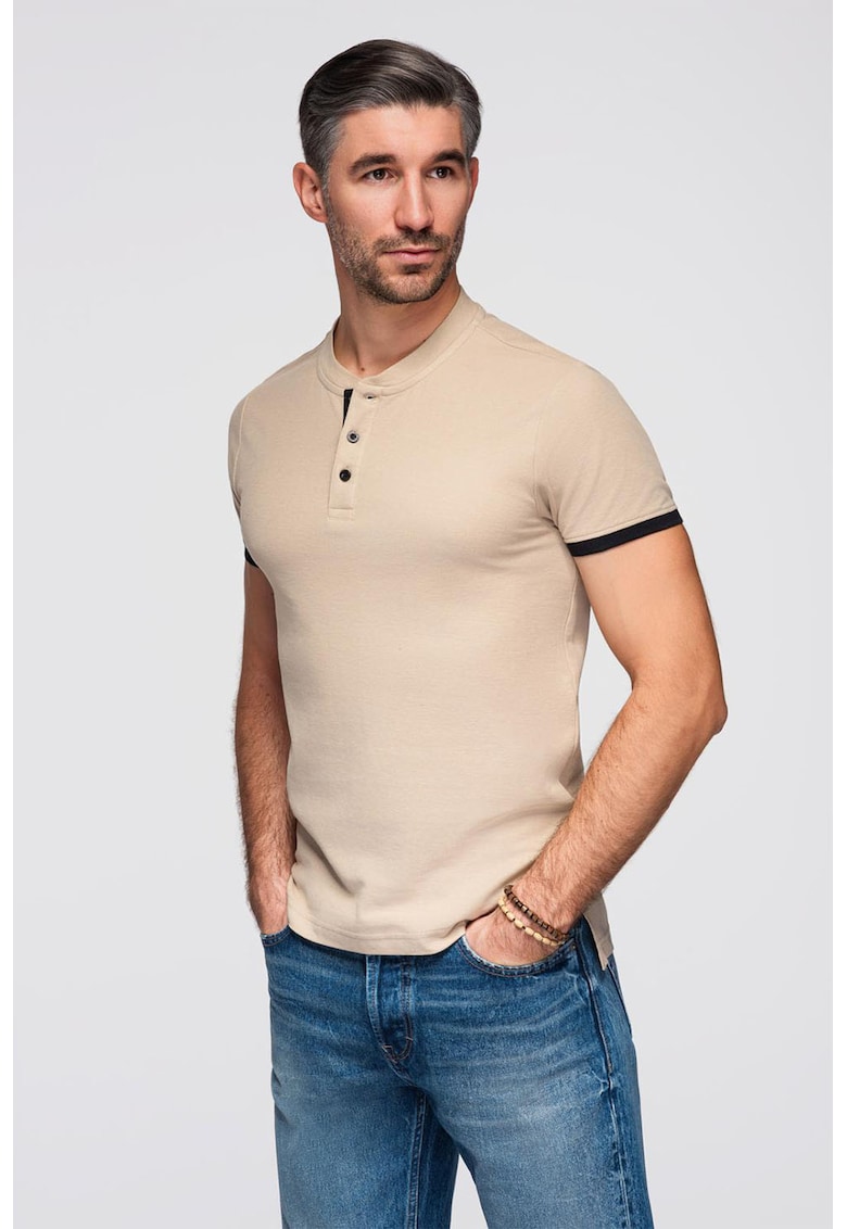 Tricou de bumbac cu fenta cu nasturi - Bej