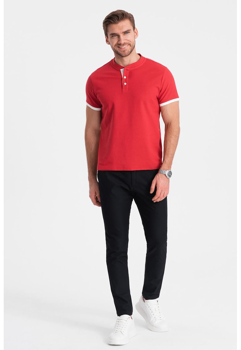 Tricou de bumbac cu fenta cu nasturi - Rosu
