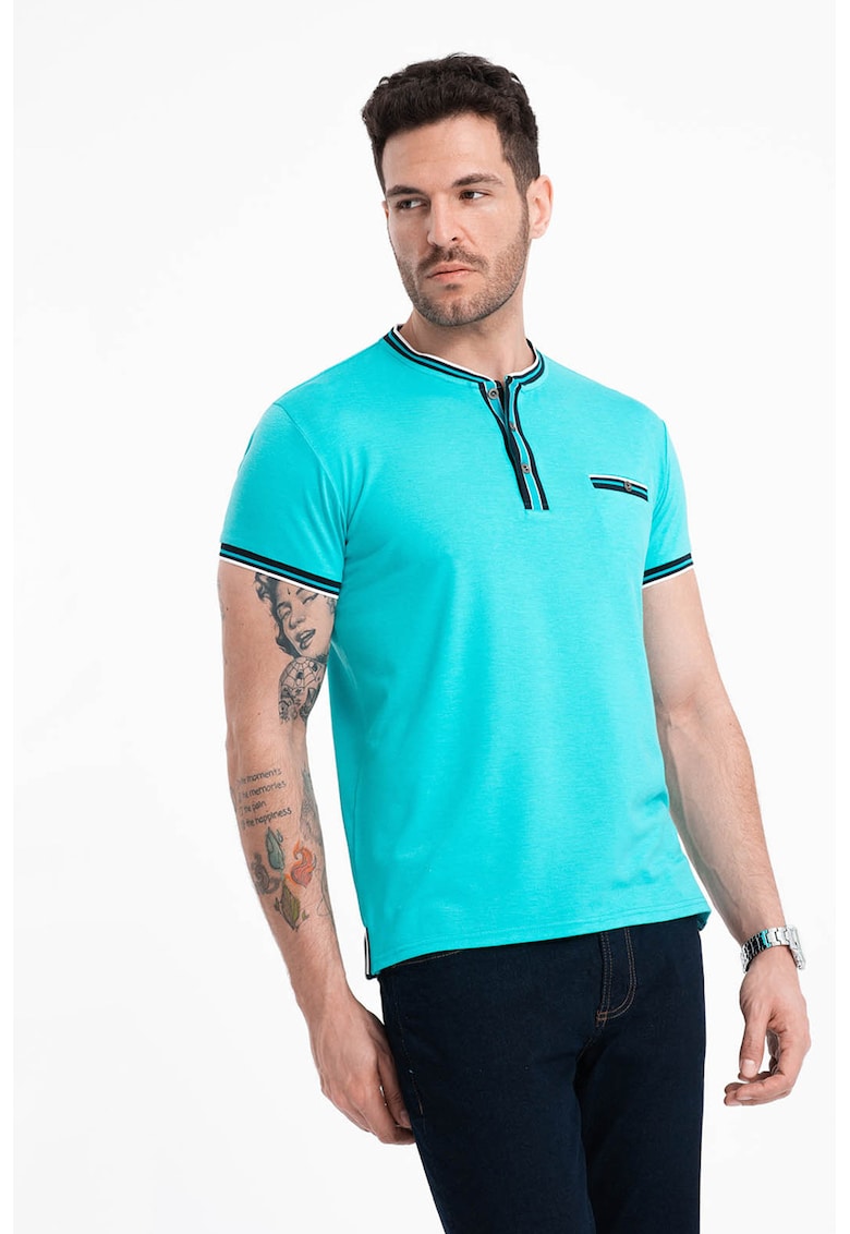 Tricou Henley cu accente in dungi - Negru/Turcoaz