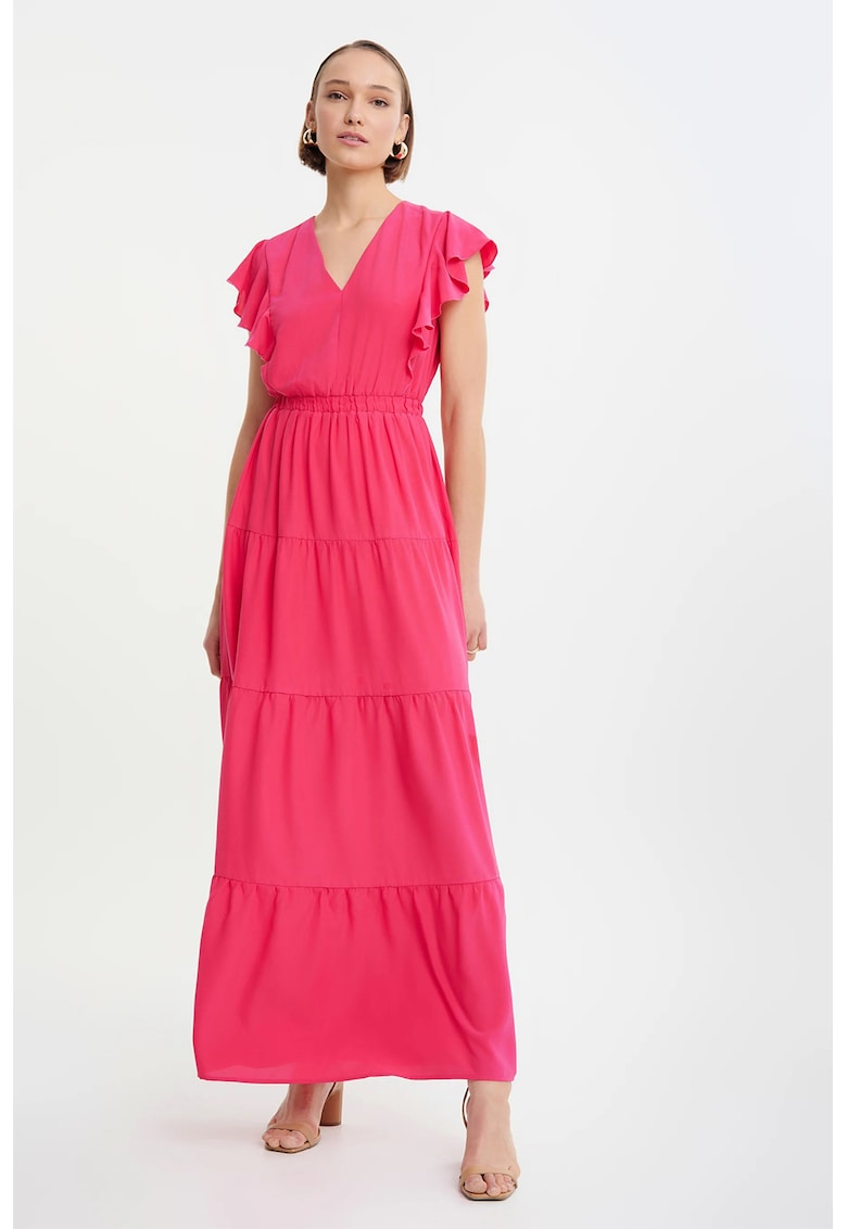 Rochie cu decolteu in V si model stratificat - Roz aprins