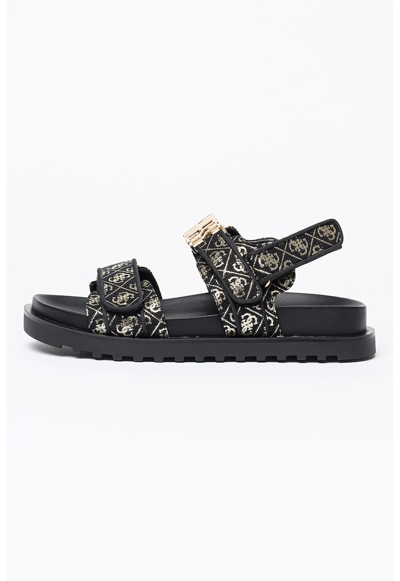 Sandale cu velcro si logo metalic - Auriu/Negru