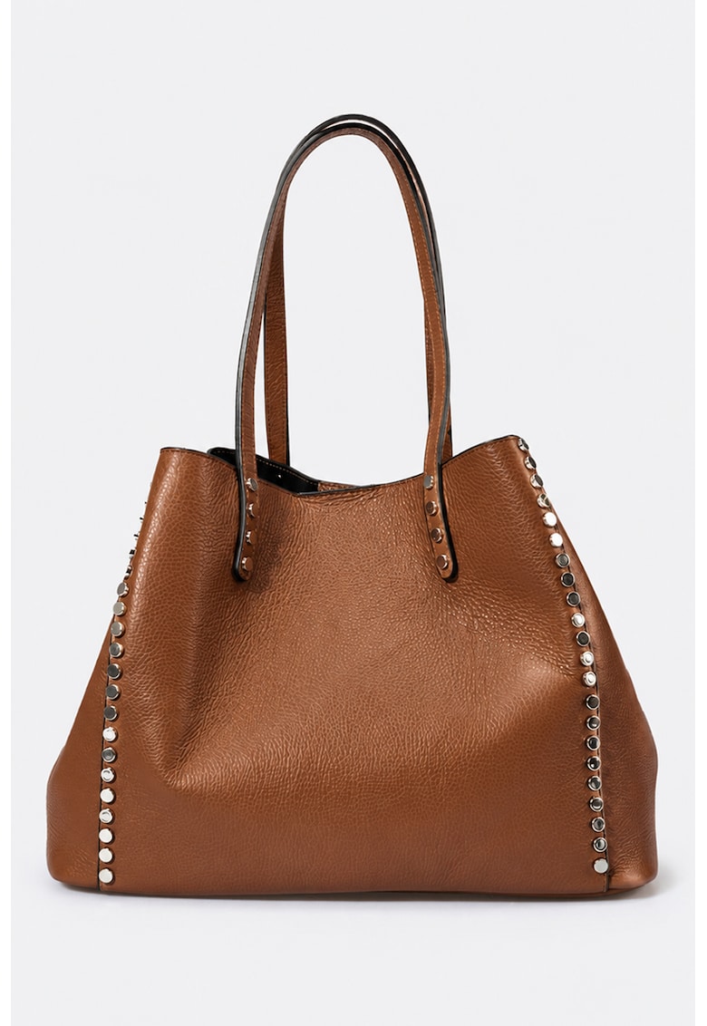 Geanta shopper din piele cu aplicatii cu nituri - Caramel