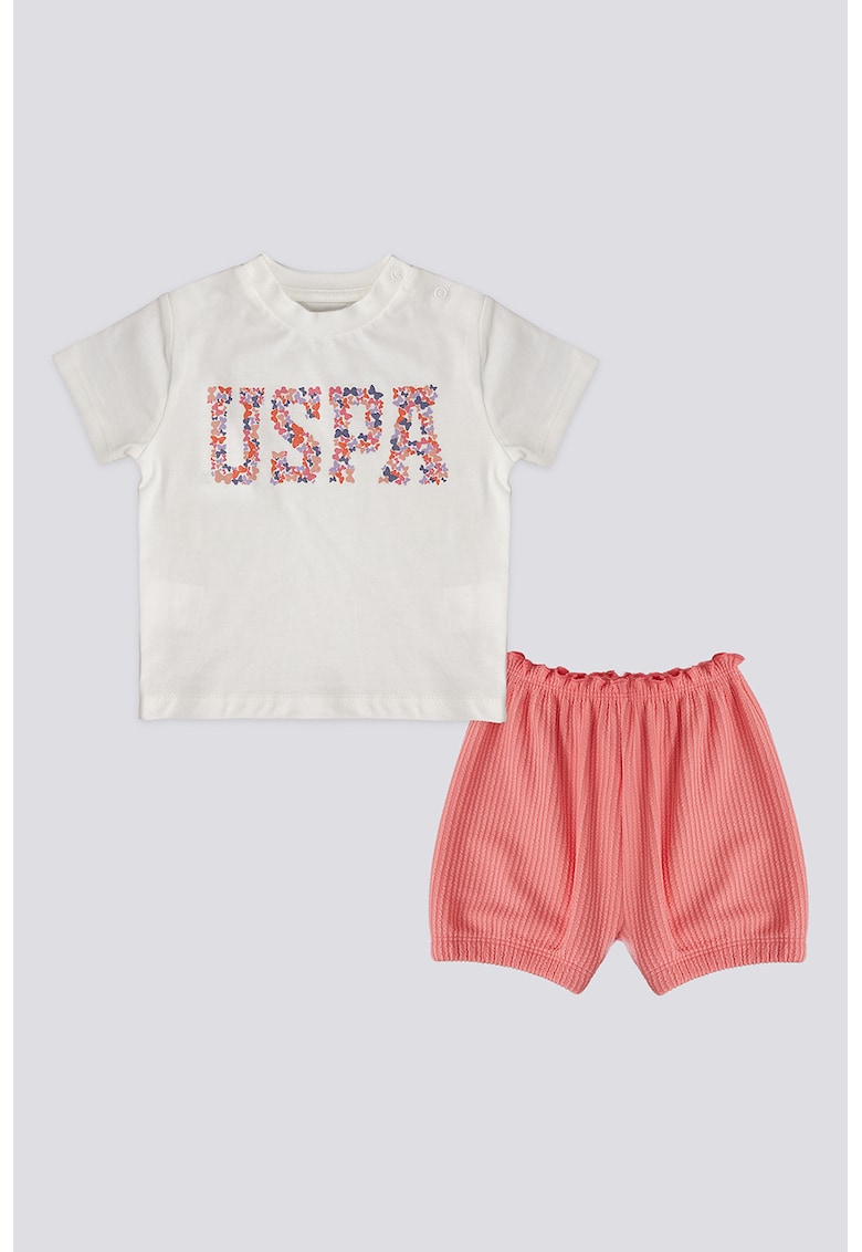Set de pantaloni scurti si tricou cu imprimeu - 2 piese - Alb/Coral/Albastru
