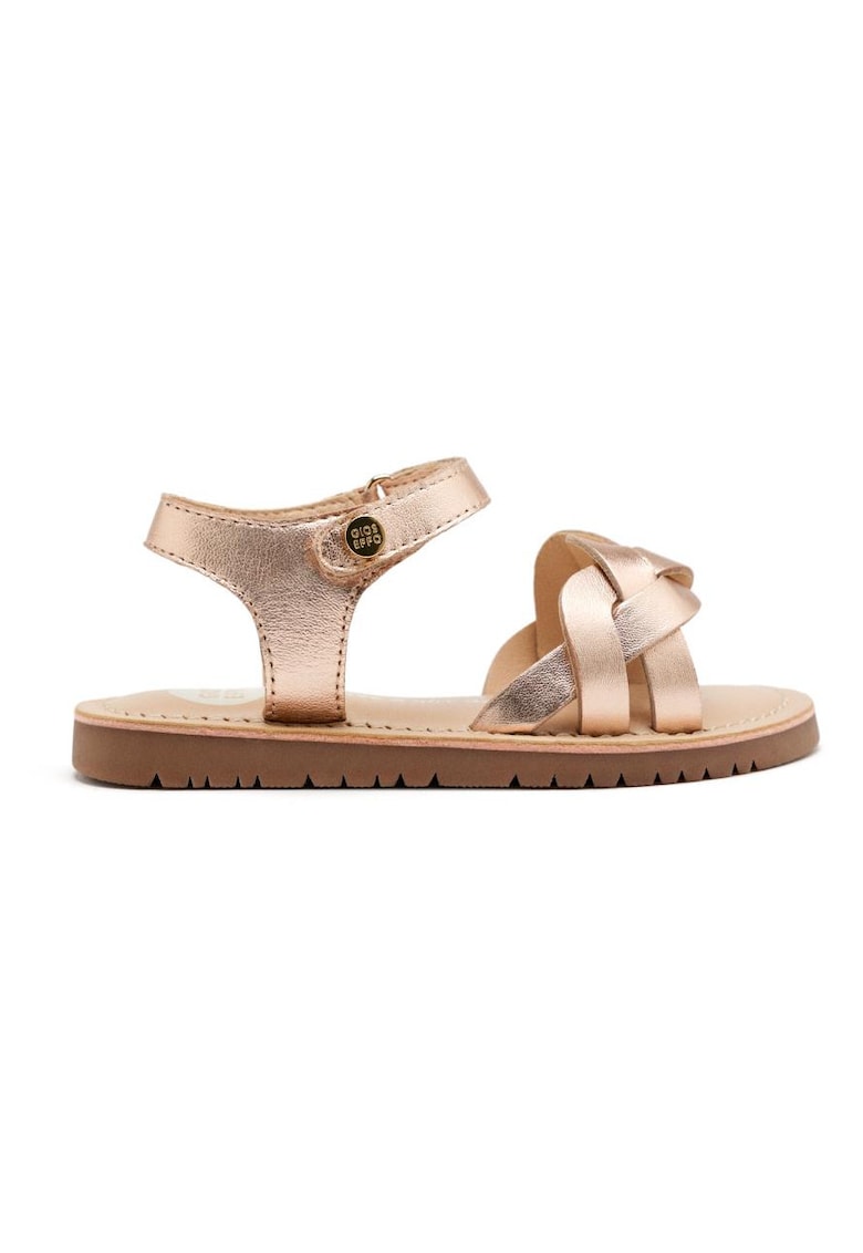 Sandale din piele cu talpa plata si inchidere velcro - Auriu rose