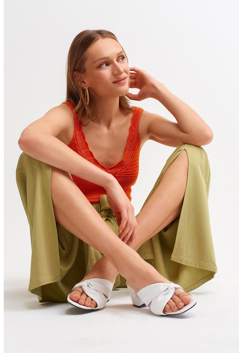 Oferte la Pantaloni cu croiala ampla si cordon in talie - Verde fistic