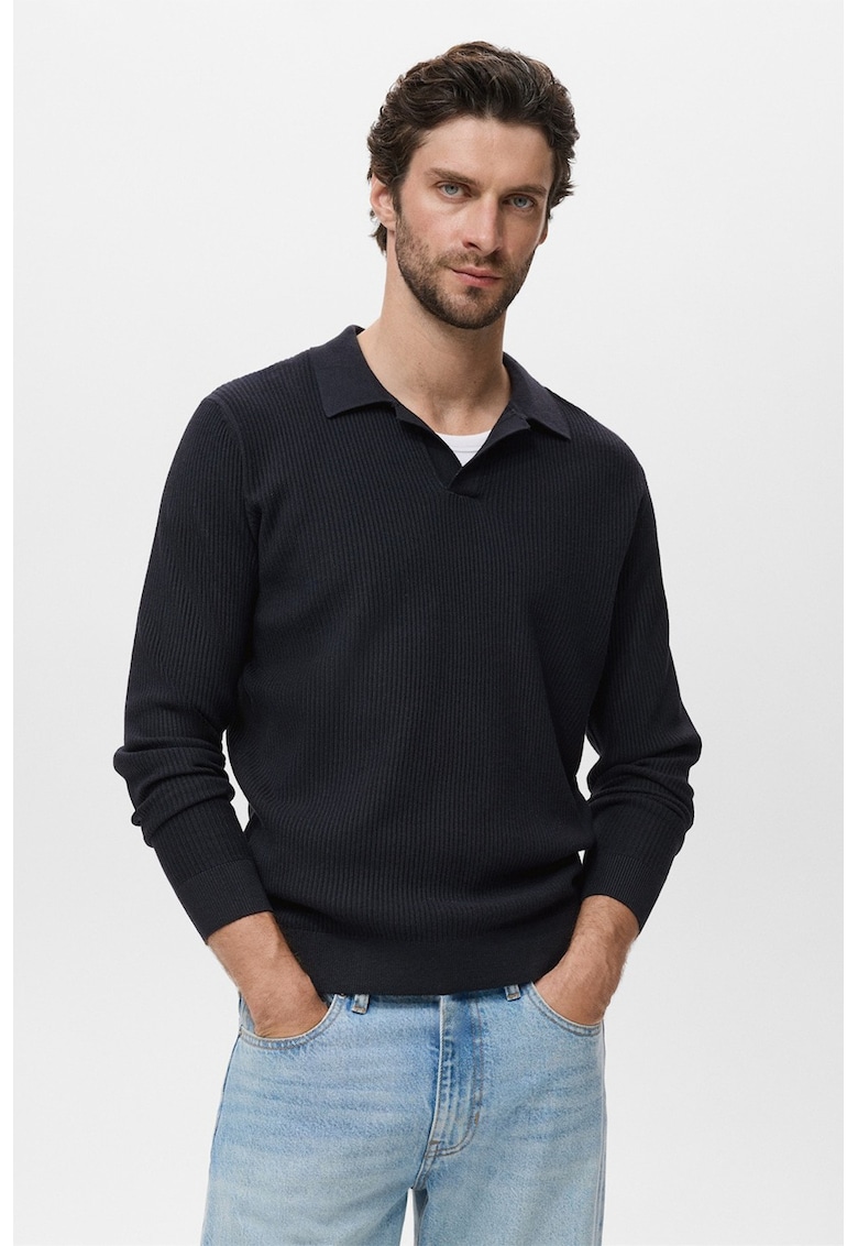 Pulover polo striat din amestec de bumbac - Albastru ultramarin