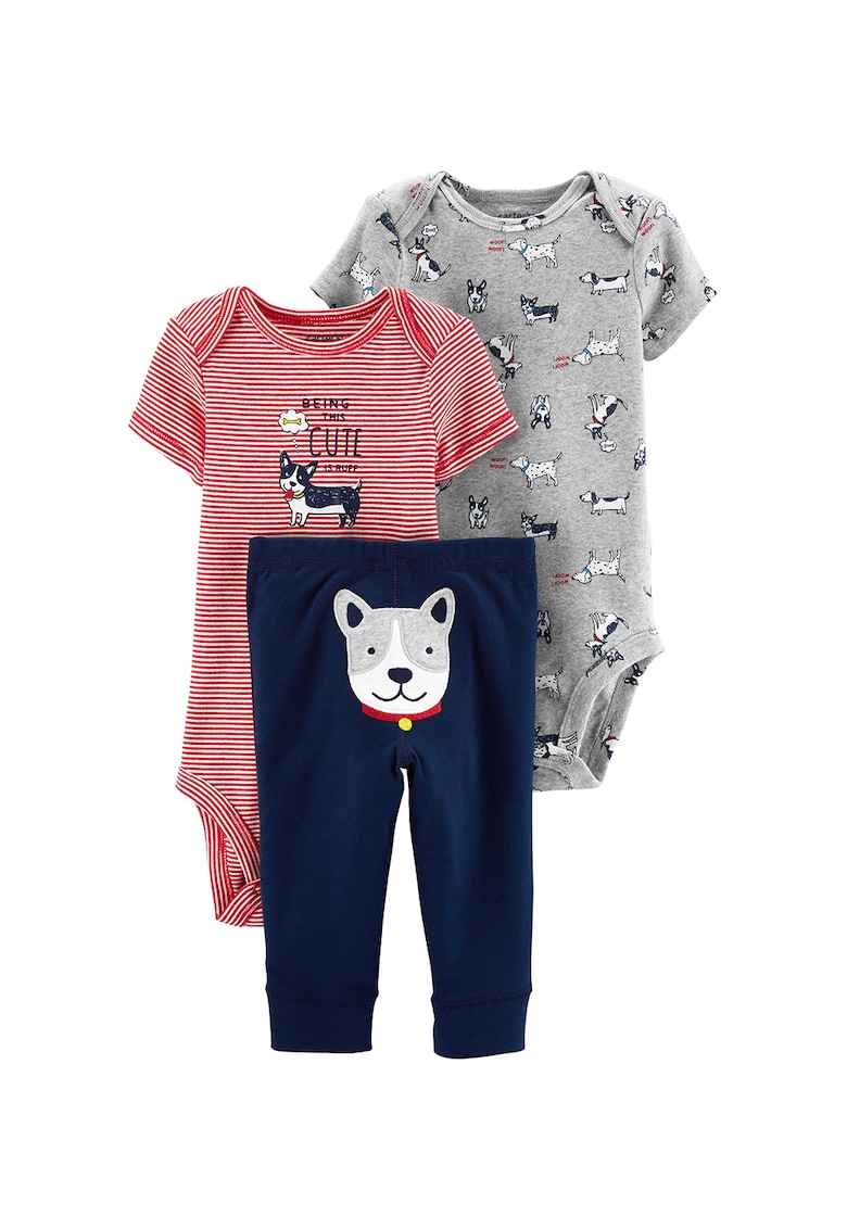 Set de body-uri cu imprimeu si pantaloni - 3 piese - Rosu/Bleumarin
