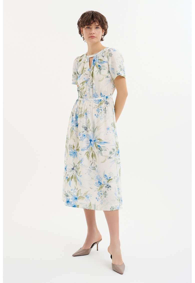 Rochie midi cu croiala in A si model floral - Albastru pastel/Verde deschis/Alb murdar
