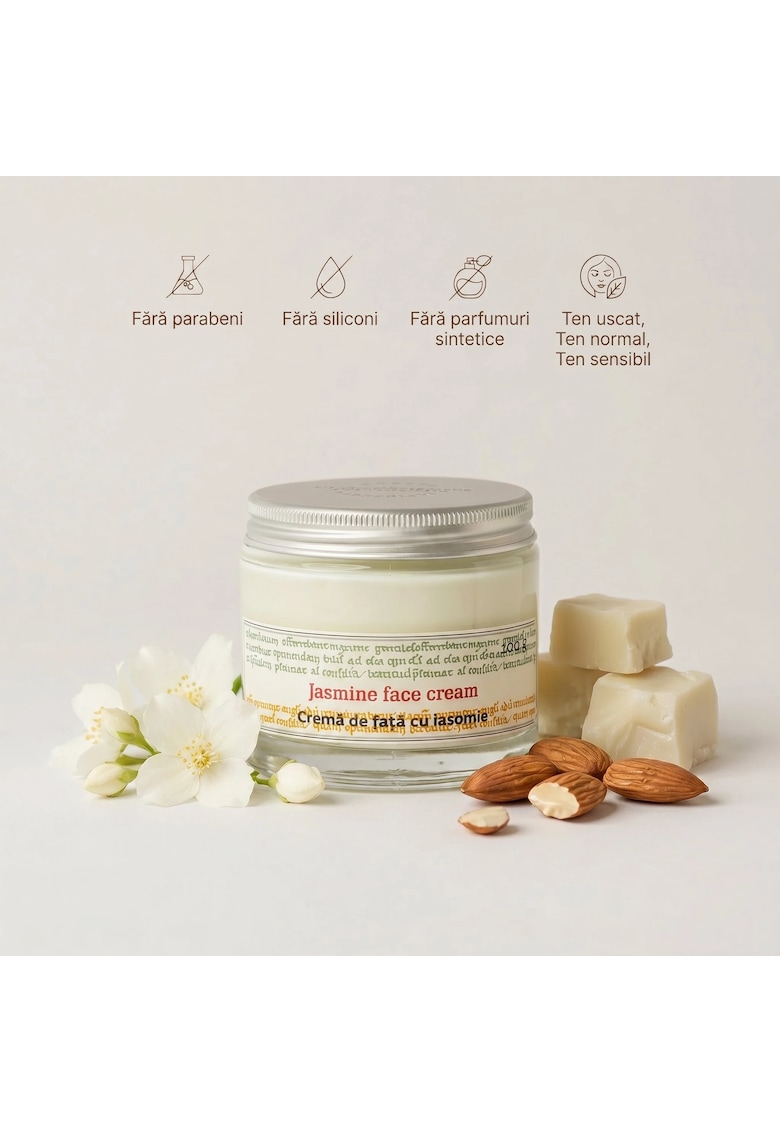 Crema de fata naturala cu Iasomie - 100g - fara parabeni si siliconi - pentru ten normal - uscat si sensibil - hidrateaza intens si calmeaza pielea - textura usoara - absorbtie rapida