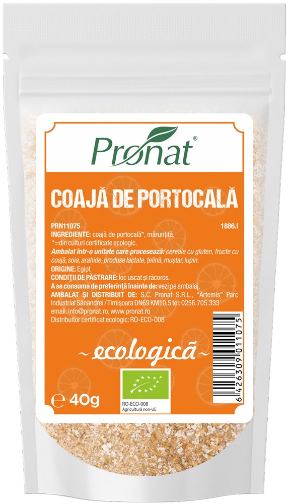 Coaja de portocala bio, maruntita, 40g Pronat