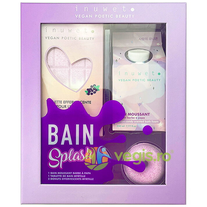 Set Cadou Blueberry Splash Bath: Spuma de Baie 230ml +  Tableta pentru Baie Efervescenta 230g + Mini Gogosi Efervescente 2x30g + Cutie Cadou Gourmet