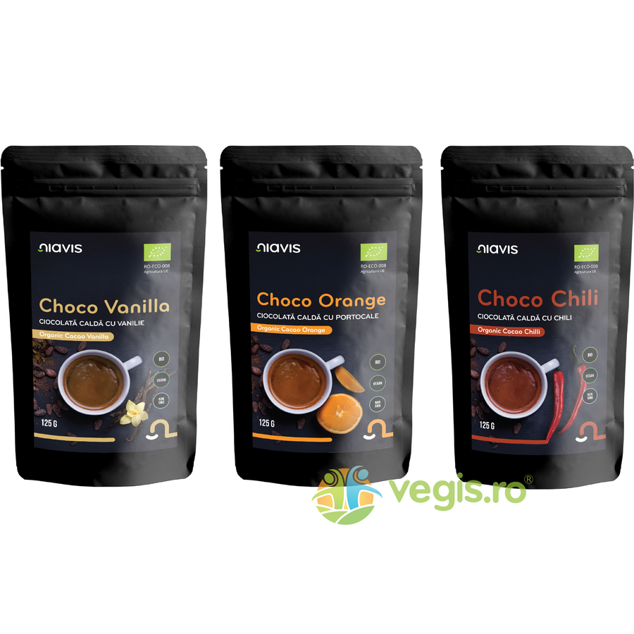 Pachet Ciocolata Calda: Choco Vanilla Mix  + Choco Orange Mix + Choco Chili Mix Ecologica/Bio 3 x 125g