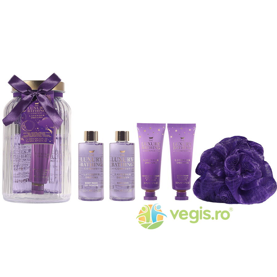 Set Cadou Silent Night, Lavender (Gel de Dus, Spuma de Baie, Crema Maini si Unghii, Crema Corp, Burete Exfoliant Corp, Borcan de Sticla Reutilizabil cu Capac)