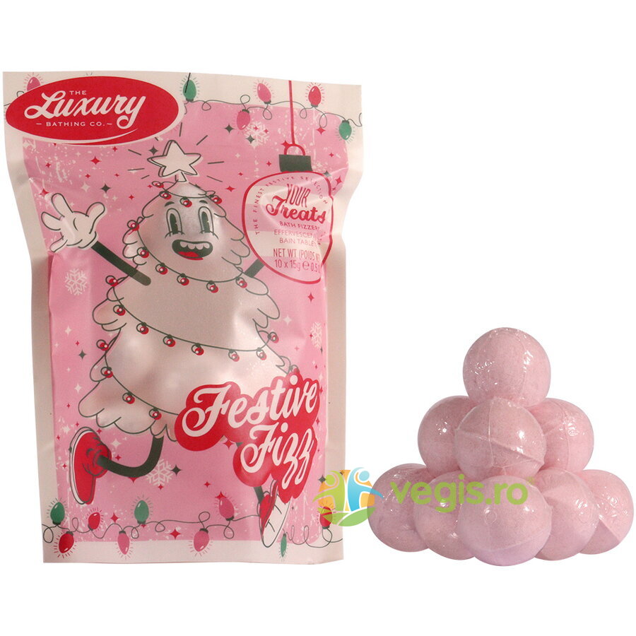 Set Cadou Festive Fizz: Bile de Baie in Punga Printata Festiv Candy Canes, Cocoa Vanilla Swirl 10x15 g