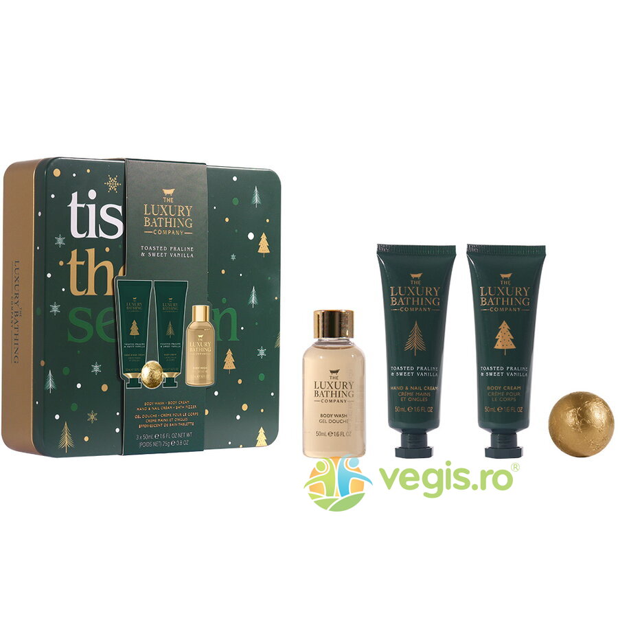 Set Cadou Tis the Season  Toasted Praline&Sweet Vanilla Crema pentru Maini si Unghii 50ml + Crema de Corp 50ml + Gel de Dus 50ml + Bila de Baie 1buc + Cutie Metalica cu Print si Capac 1buc