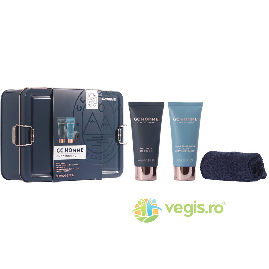 Set Cadou On the Go GC Homme Fine Grooming Gel de Dus 100ml + Sampon pentru Par si Barba 100ml + Prosop Reutilizabil 1buc + Cutie Metalica Reutilizabila cu Inchidere 1buc