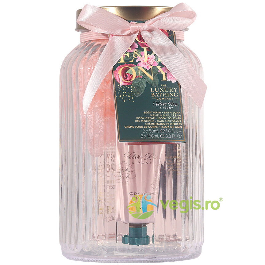 Set Cadou Pure Indulgence Gel de Dus 100ml + Spuma de Baie 100ml + Crema pentru Maini si Unghii 50ml + Crema de Corp 50ml + Burete Exfoliant de Corp 1buc + Borcan de Sticla Reutilizabil cu Capac 1buc