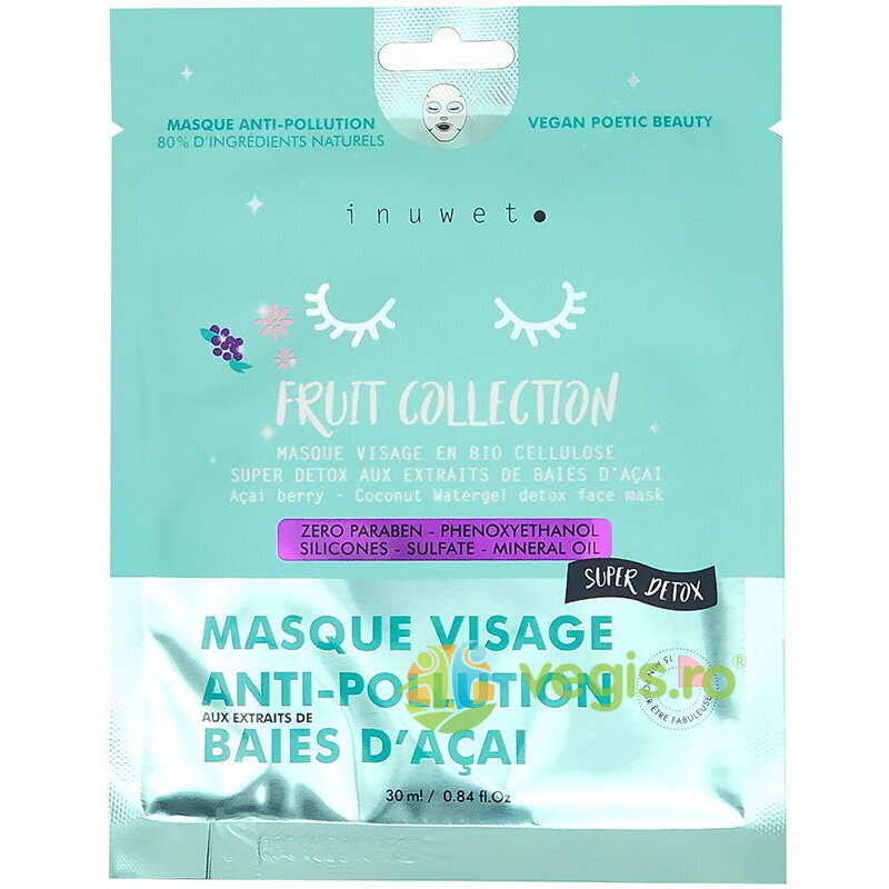 Masca de Fata Detoxifianta din Bioceluloza cu Extract de Coacaze Acai Fruit Collection Inuwet 30ml