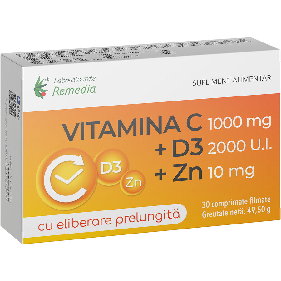 Vitamina C 1000mg + Zinc 10mg + D3 2000UI 30cpr cu eliberare prelungita