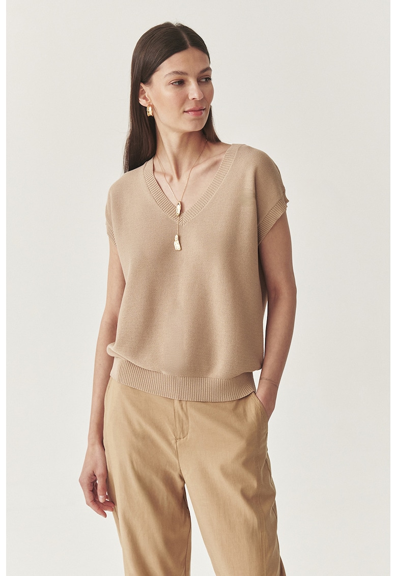 Pulover din tricot fin cu decolteu in V - Maro deschis