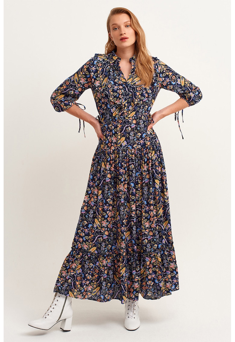 Rochie maxi cu garnituri cu volane si model - Maro/Violet/Albastru