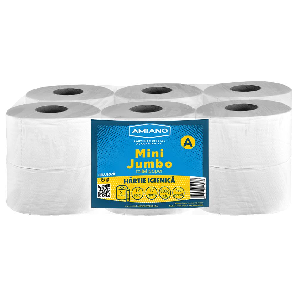 Hartie igienica Mini Jumbo Amiano, alba, 2 straturi, 12 role