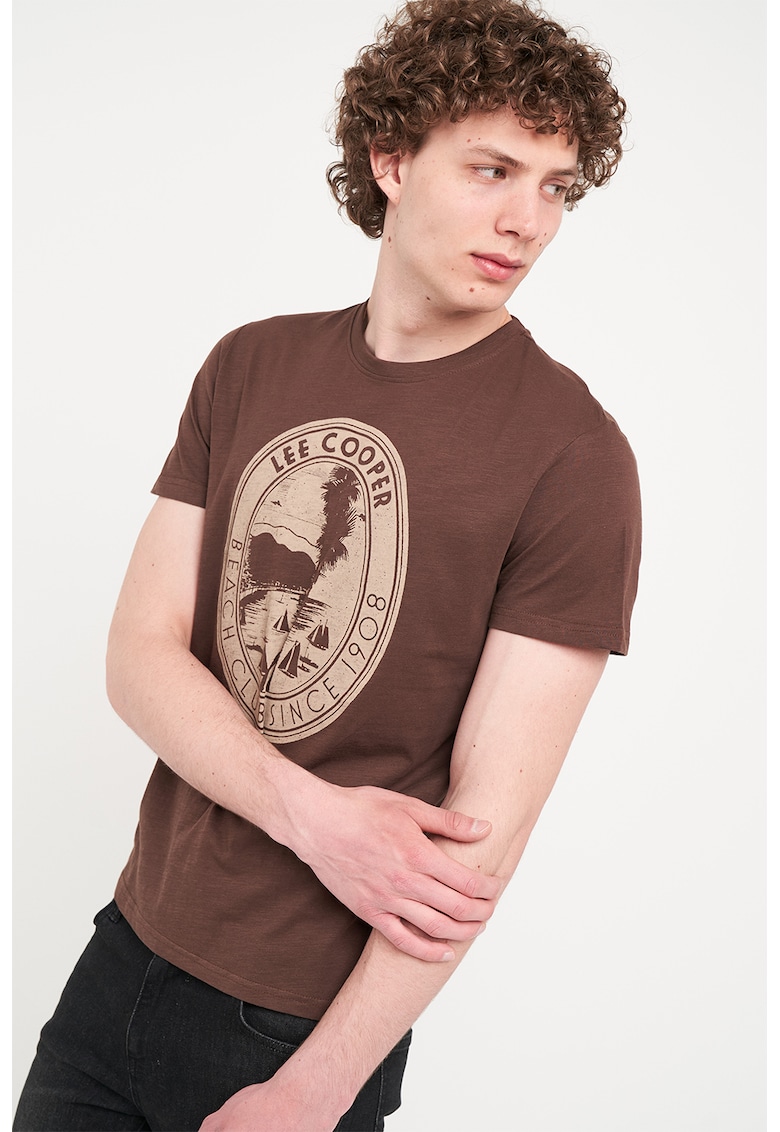 Oferte la Tricou cu decolteu la baza gatului si imprimeu - Maro
