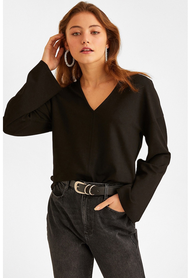 Bluza cu maneci lungi si decolteu in V - Negru