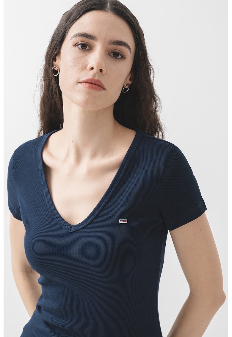 Tricou striat cu decolteu in V - Bleumarin inchis