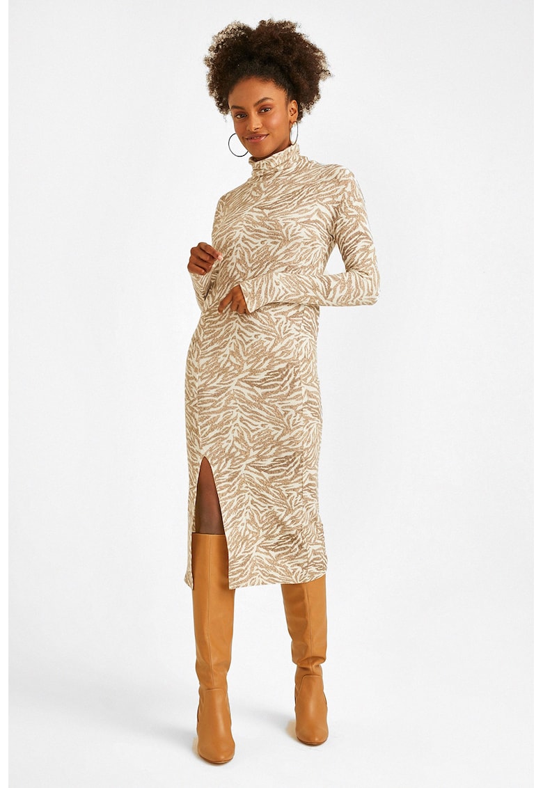 Rochie cu croiala bodycon si imprimeu zebra - Alb/Maro nisip