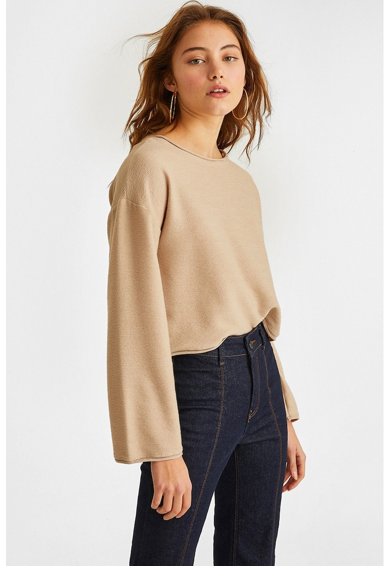 Pulover cu model uni si maneci cazute - Maro nisip