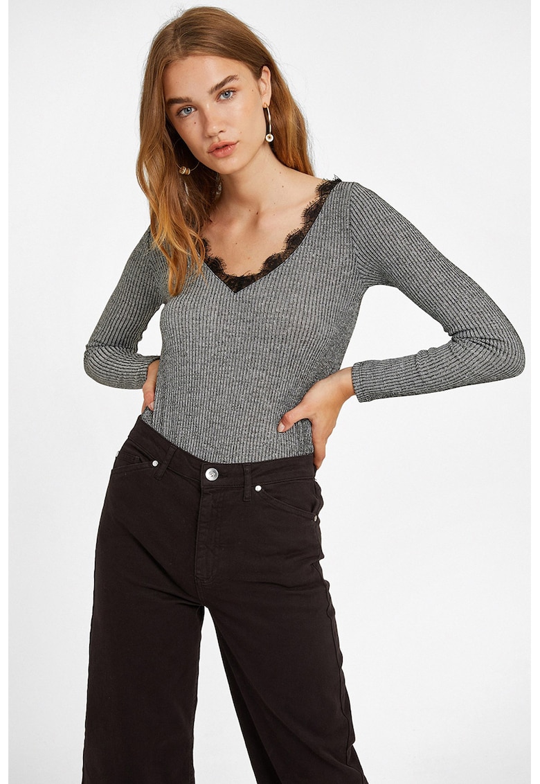 Bluza striata cu insertii din dantela - Gri inchis