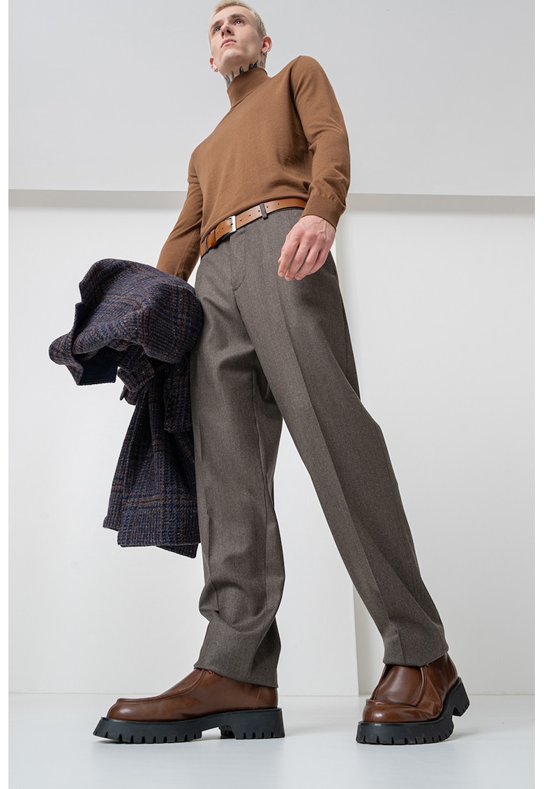 Pantaloni eleganti din amestec de lana cu talie elastica pe partea din spate - Maro inchis